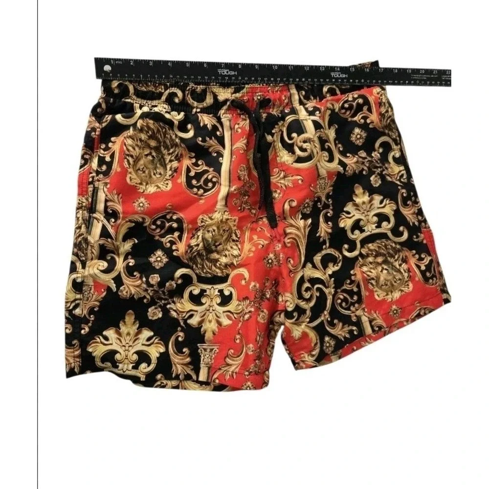 Surf Society Men's‎ Swim Trunks Shorts Size Large Red Black Gold Lion Print